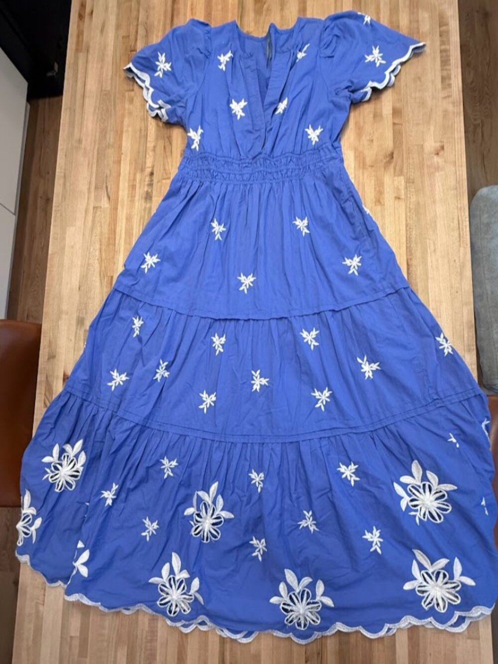 Anthropologie Blue White Embroidered Floral Tiered Maxi Dress